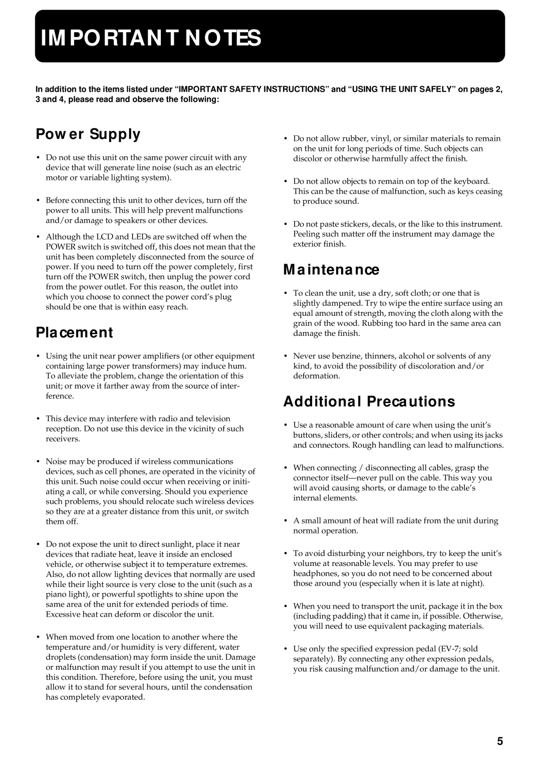 Roland VK-8 owner manual Important Notes 