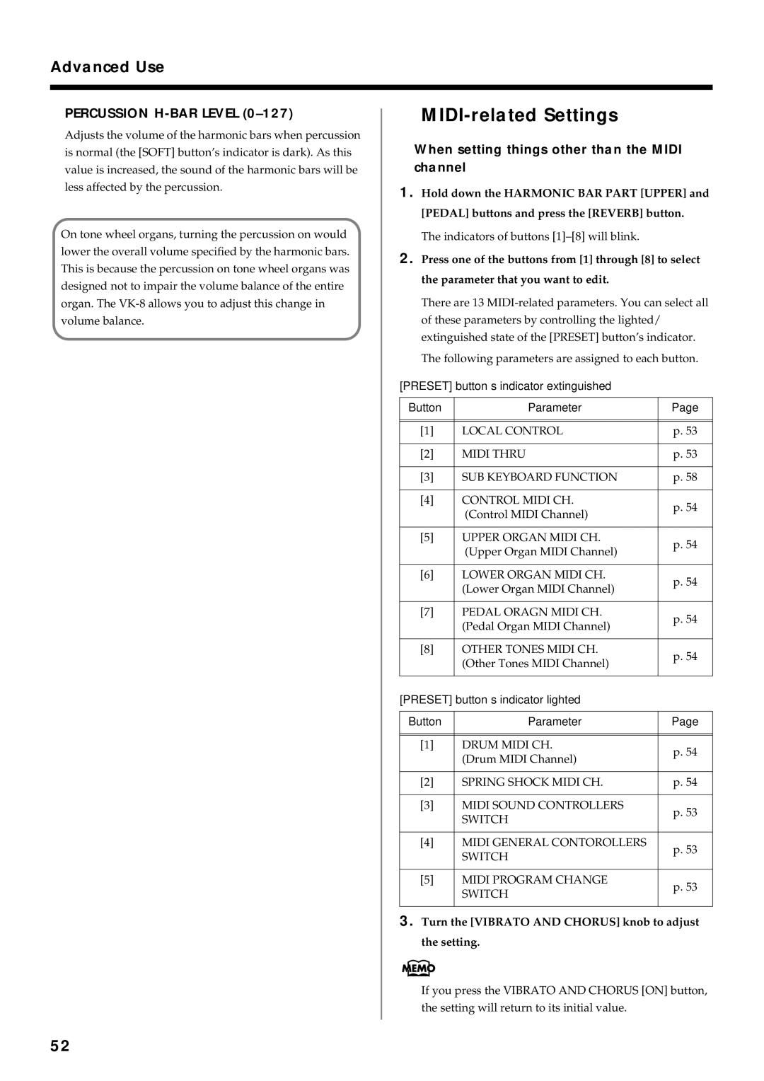 Roland VK-8 owner manual MIDI-related Settings, When setting things other than the Midi channel 