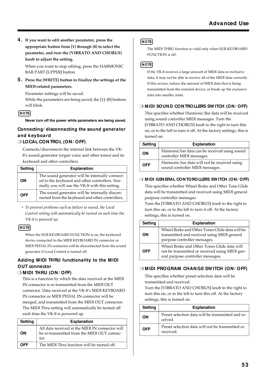 Roland VK-8 owner manual Connecting/disconnecting the sound generator and keyboard, Setting Explanation, Off 