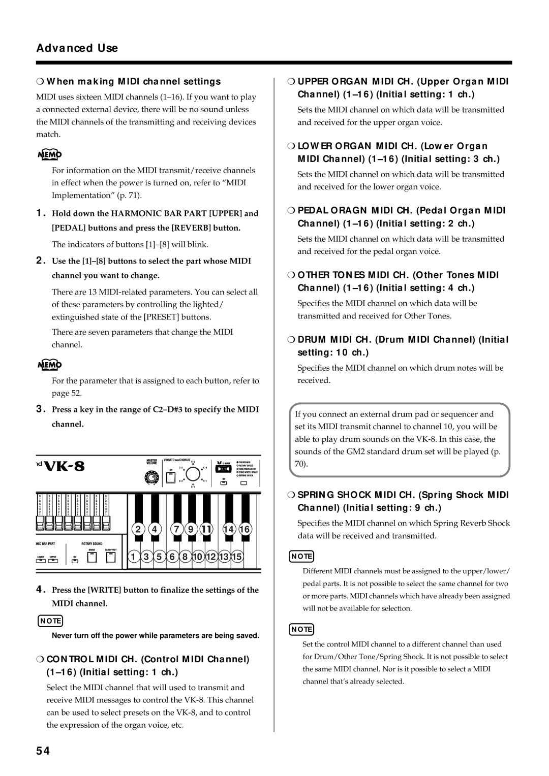 Roland VK-8 owner manual When making Midi channel settings, Drum Midi CH. Drum Midi Channel Initial setting 10 ch 