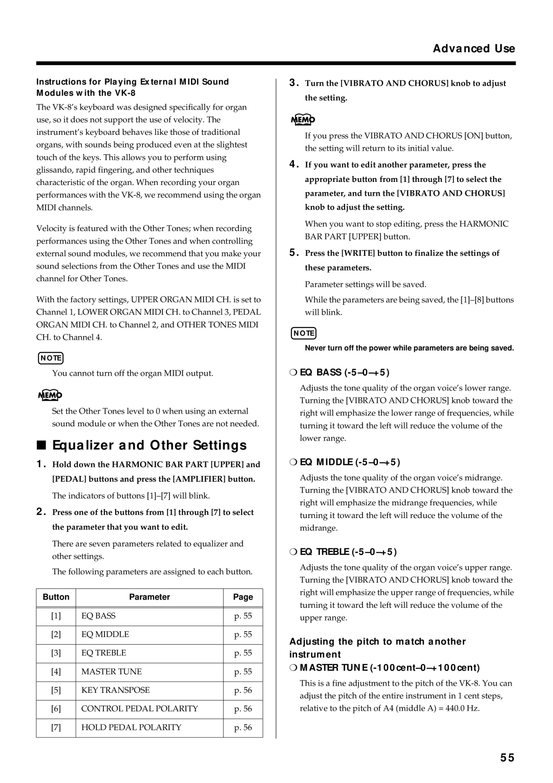 Roland VK-8 owner manual Equalizer and Other Settings, EQ Bass -5-0-+5, EQ Middle -5-0-+5, EQ Treble -5-0-+5 