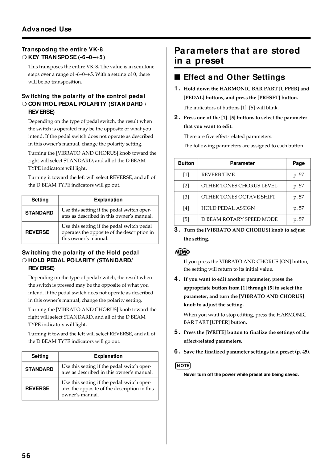 Roland owner manual Effect and Other Settings, Transposing the entire VK-8 KEY Transpose -6-0-+5 