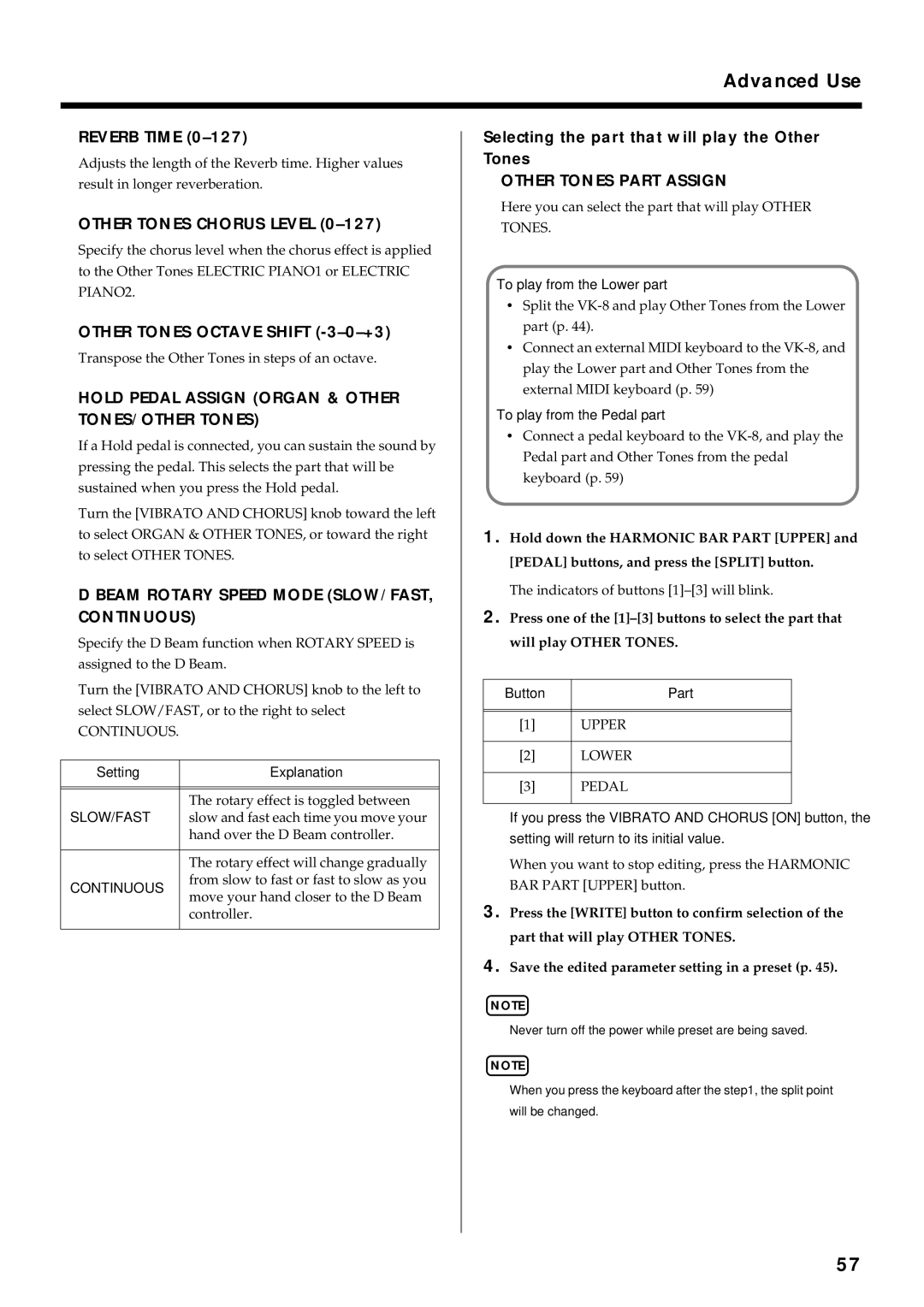 Roland VK-8 owner manual Reverb Time, Selecting the part that will play the Other Tones, Slow/Fast, Continuous 