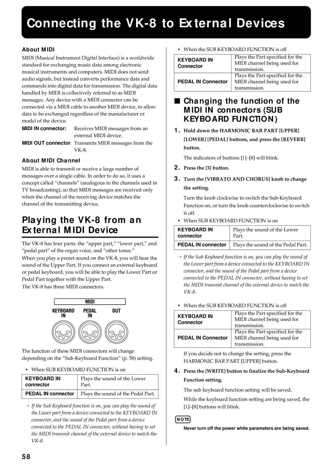 Roland VK-8 owner manual Changing the function of the Midi in connectors SUB, About Midi Channel, Keyboard 