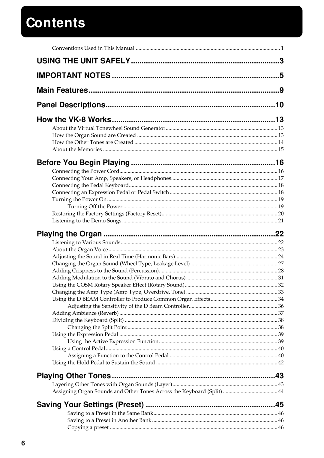 Roland VK-8 owner manual Contents 