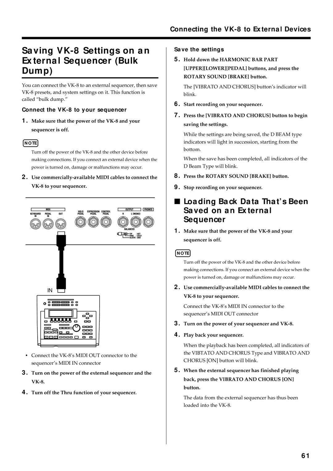 Roland VK-8 owner manual Loading Back Data That’s Been, Saved on an External, Sequencer, Save the settings 