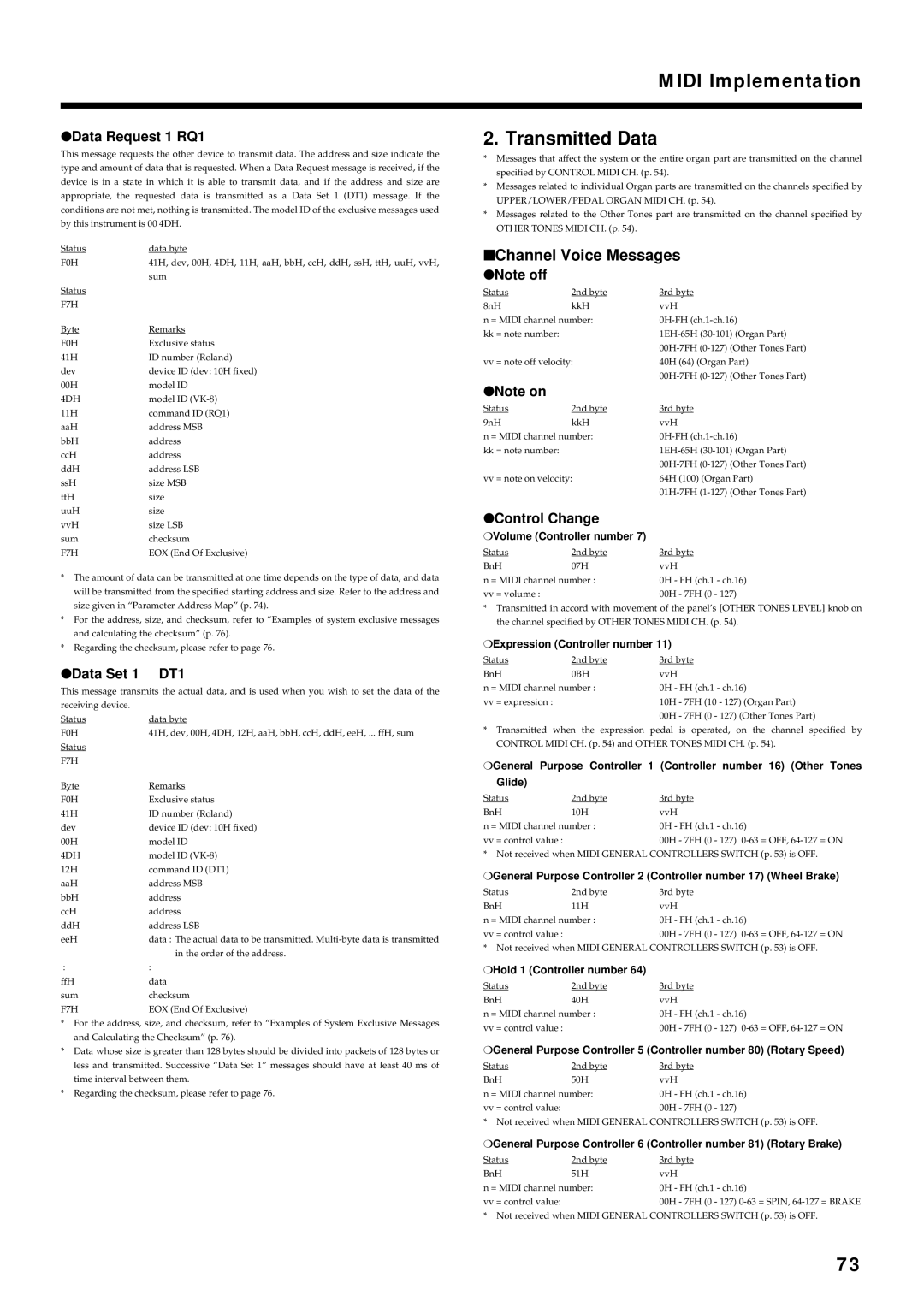 Roland VK-8 owner manual Data Request 1 RQ1, Data Set 1 DT1 