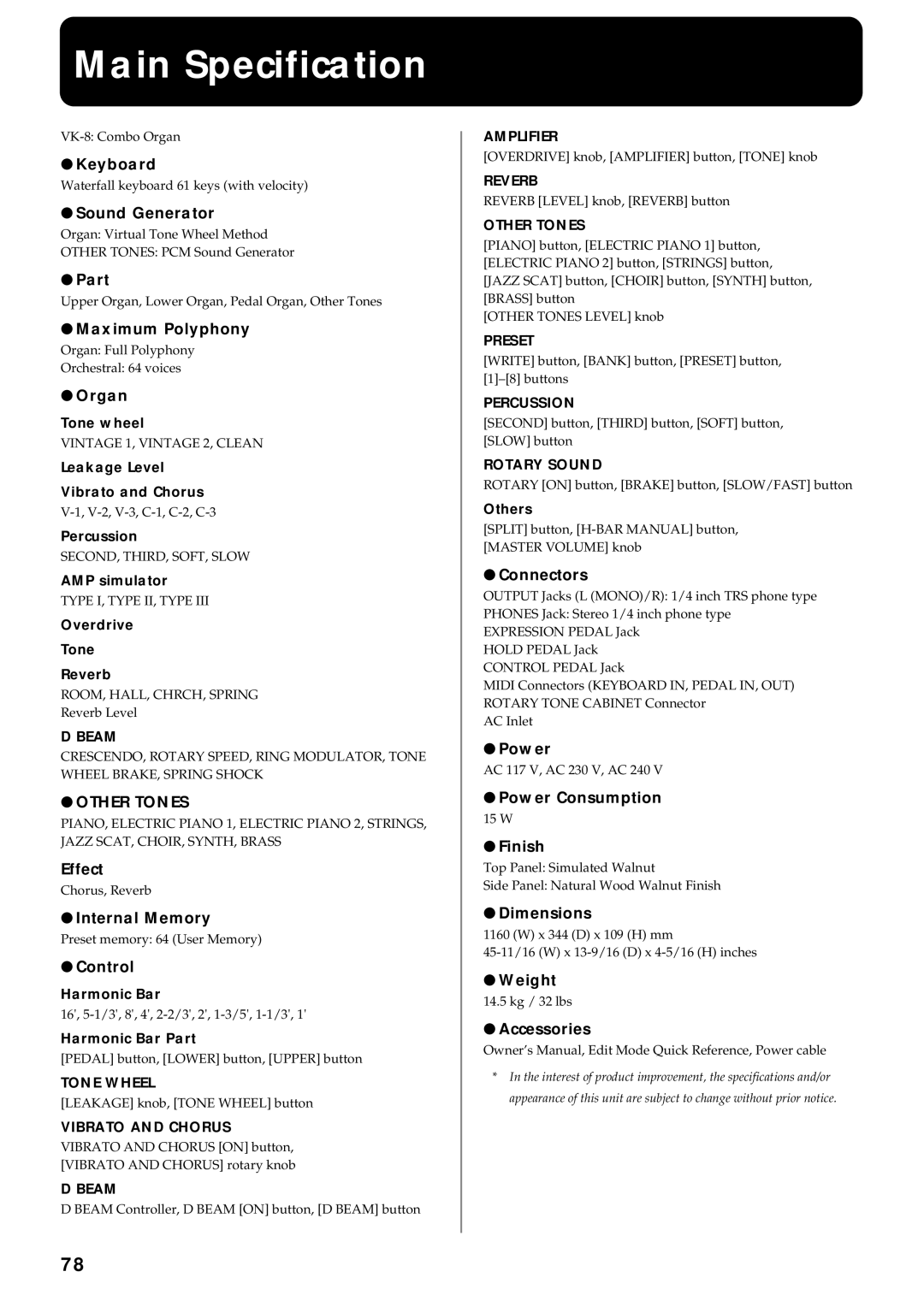 Roland VK-8 owner manual Main Specification 