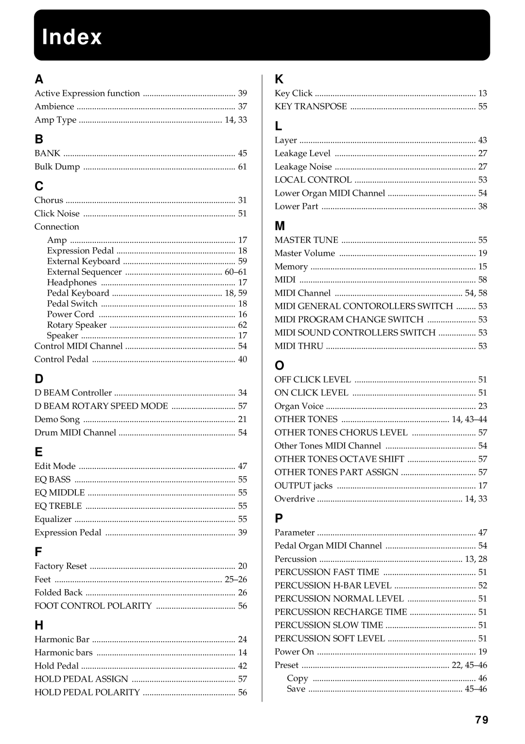 Roland VK-8 owner manual Index, Bank 