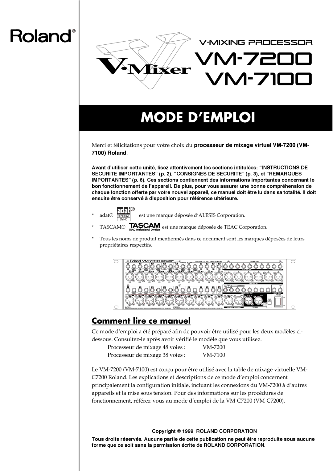 Roland VM-7100, VM-7200 manual Mode D’EMPLOI, Roland 