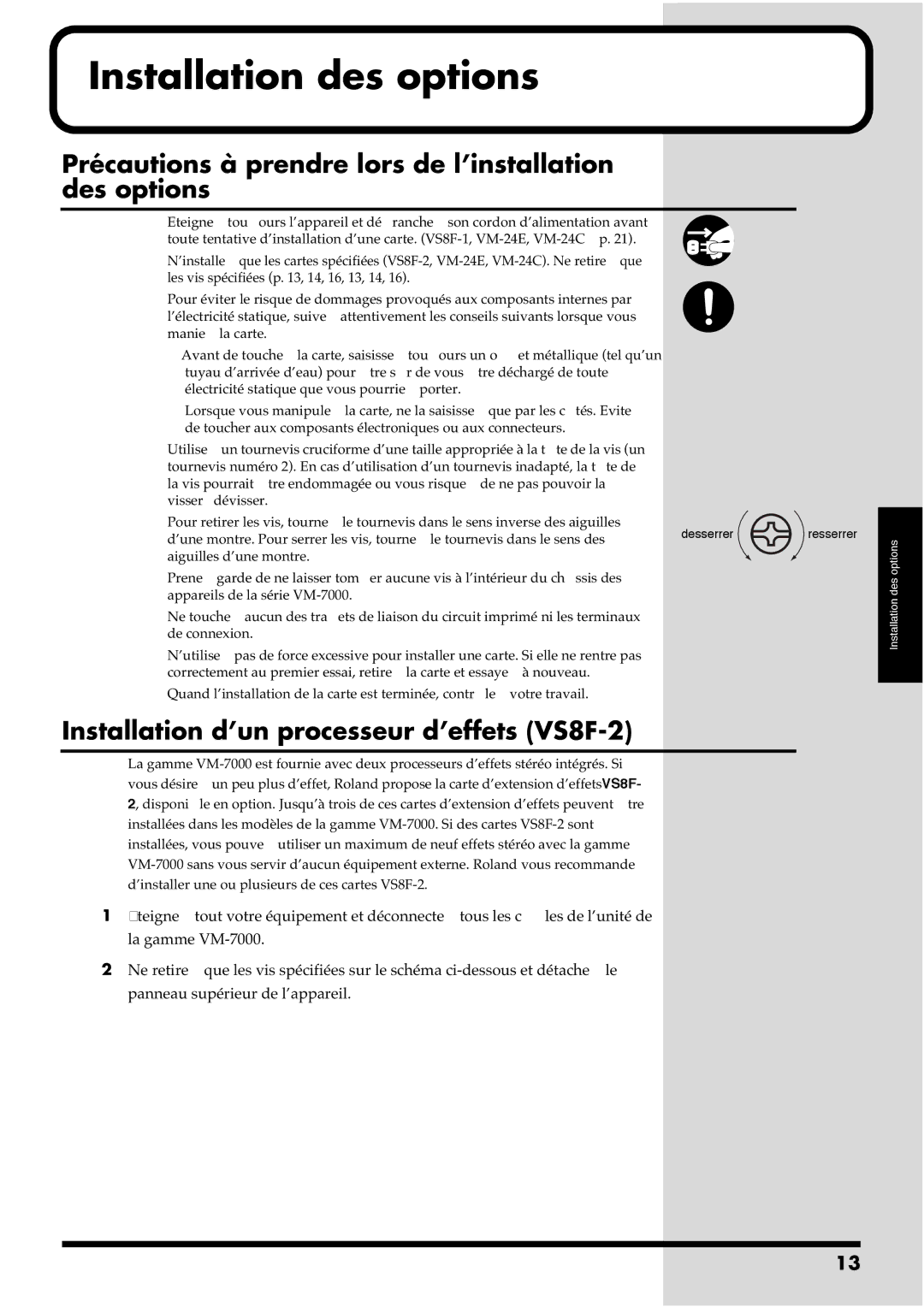 Roland VM-7100 Précautions à prendre lors de l’installation des options, Installation d’un processeur d’effets VS8F-2 