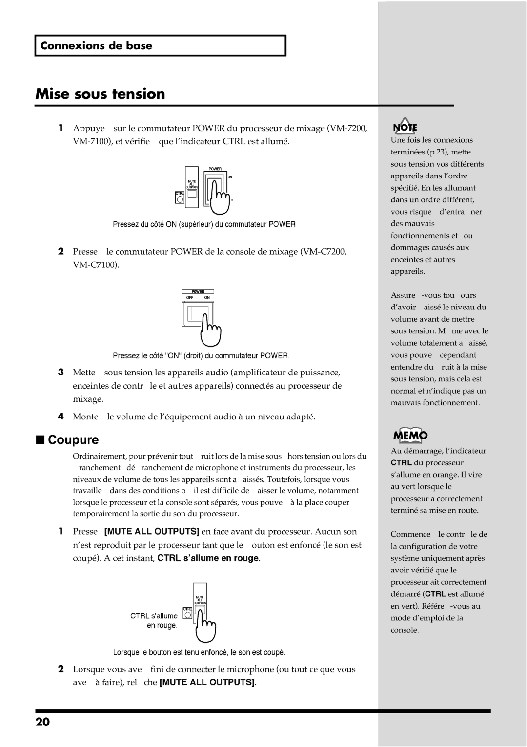 Roland VM-7200, VM-7100 manual Mise sous tension, Coupure, Che Mute ALL Outputs 