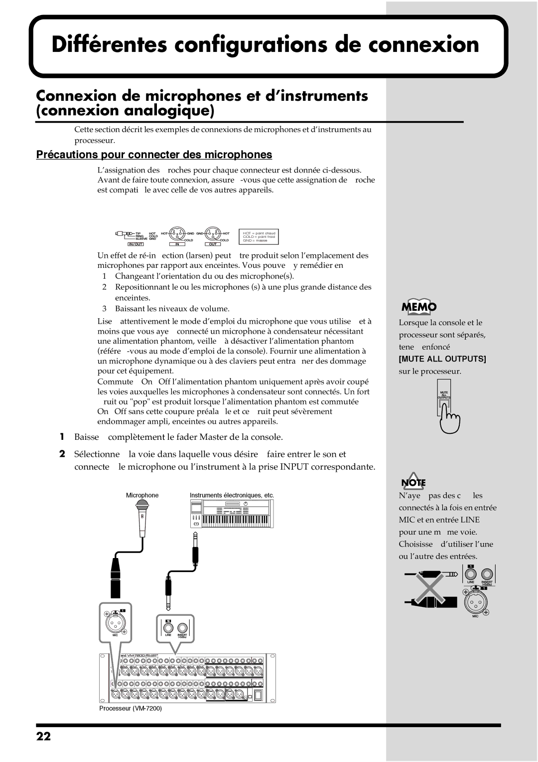 Roland VM-7200, VM-7100 manual Différentes configurations de connexion, Précautions pour connecter des microphones 