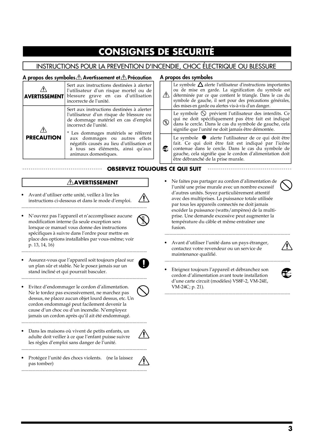 Roland VM-7100, VM-7200 manual Consignes DE Securité 