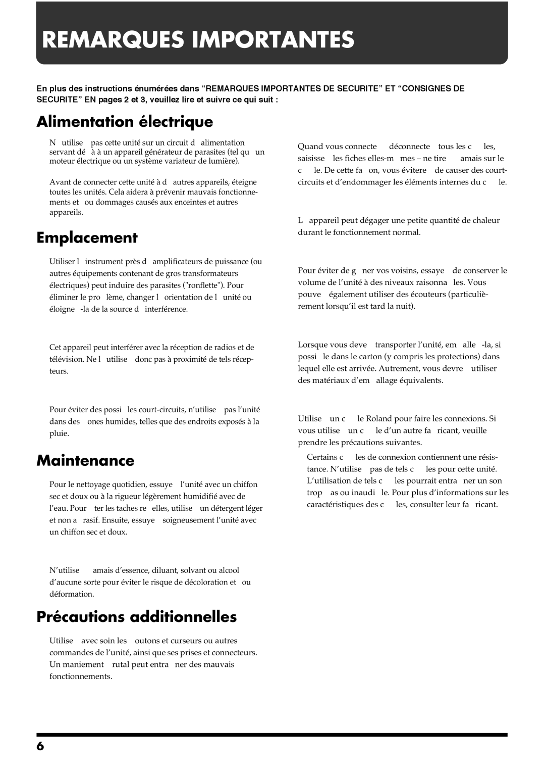 Roland VM-7200, VM-7100 manual Alimentation électrique, Emplacement, Maintenance, Précautions additionnelles 