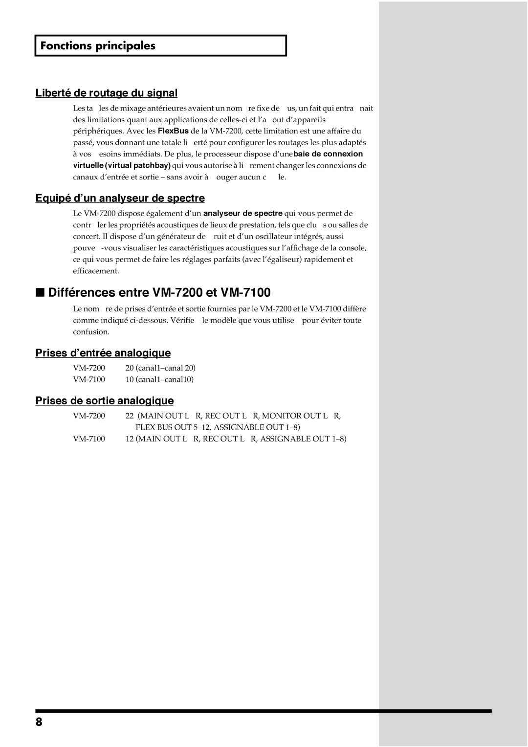 Roland manual Différences entre VM-7200 et VM-7100, Equipé d’un analyseur de spectre, Prises d’entrée analogique 