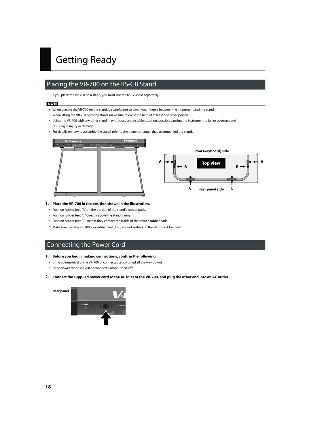 Roland important safety instructions Getting Ready, Placing the VR-700 on the KS-G8 Stand, Connecting the Power Cord 