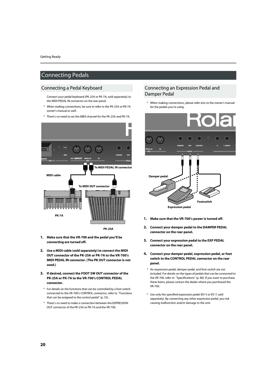 Roland VR-700 Connecting Pedals, Connecting a Pedal Keyboard, Connecting an Expression Pedal and Damper Pedal 