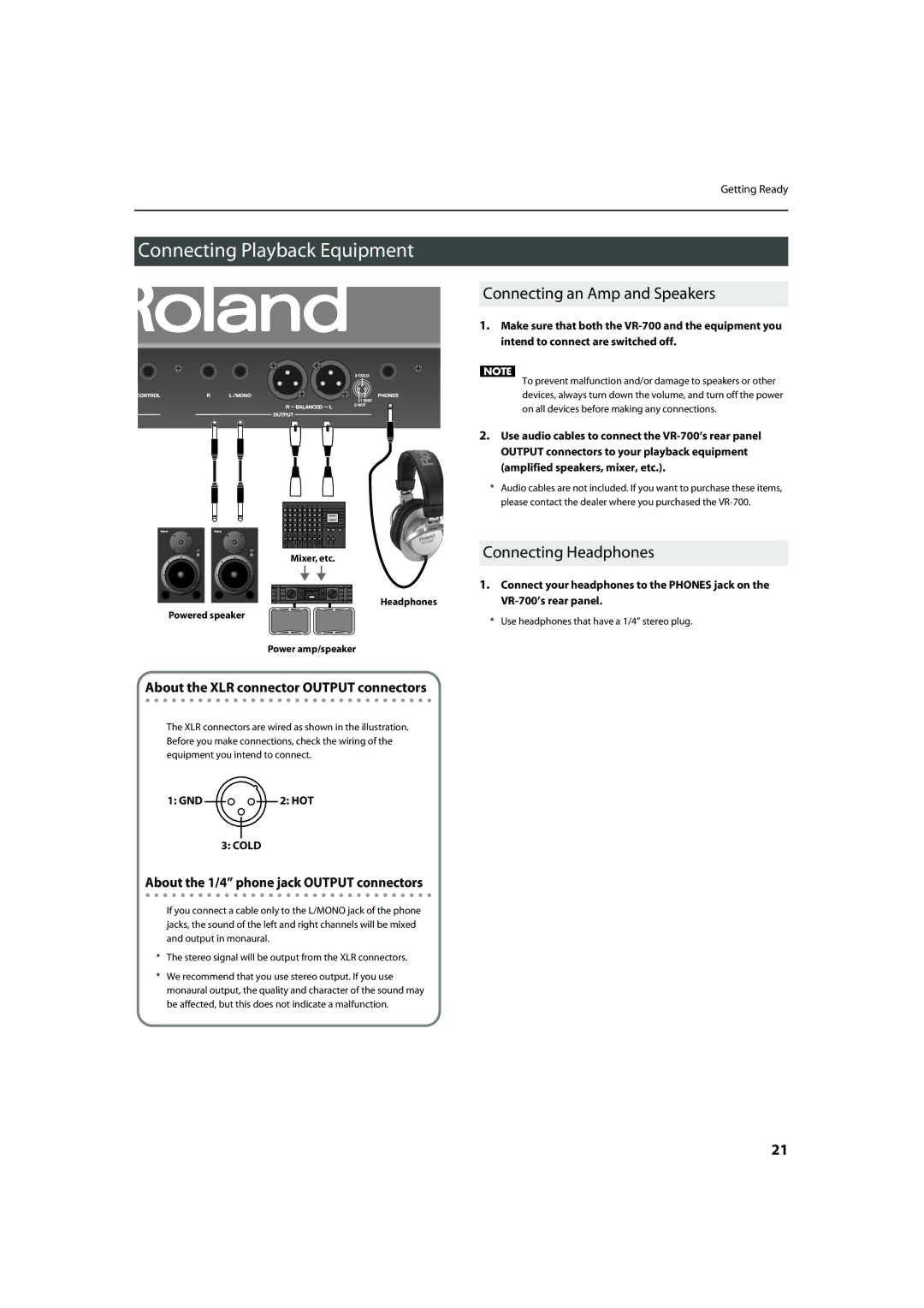 Roland VR-700 Connecting Playback Equipment, Connecting an Amp and Speakers, Connecting Headphones 