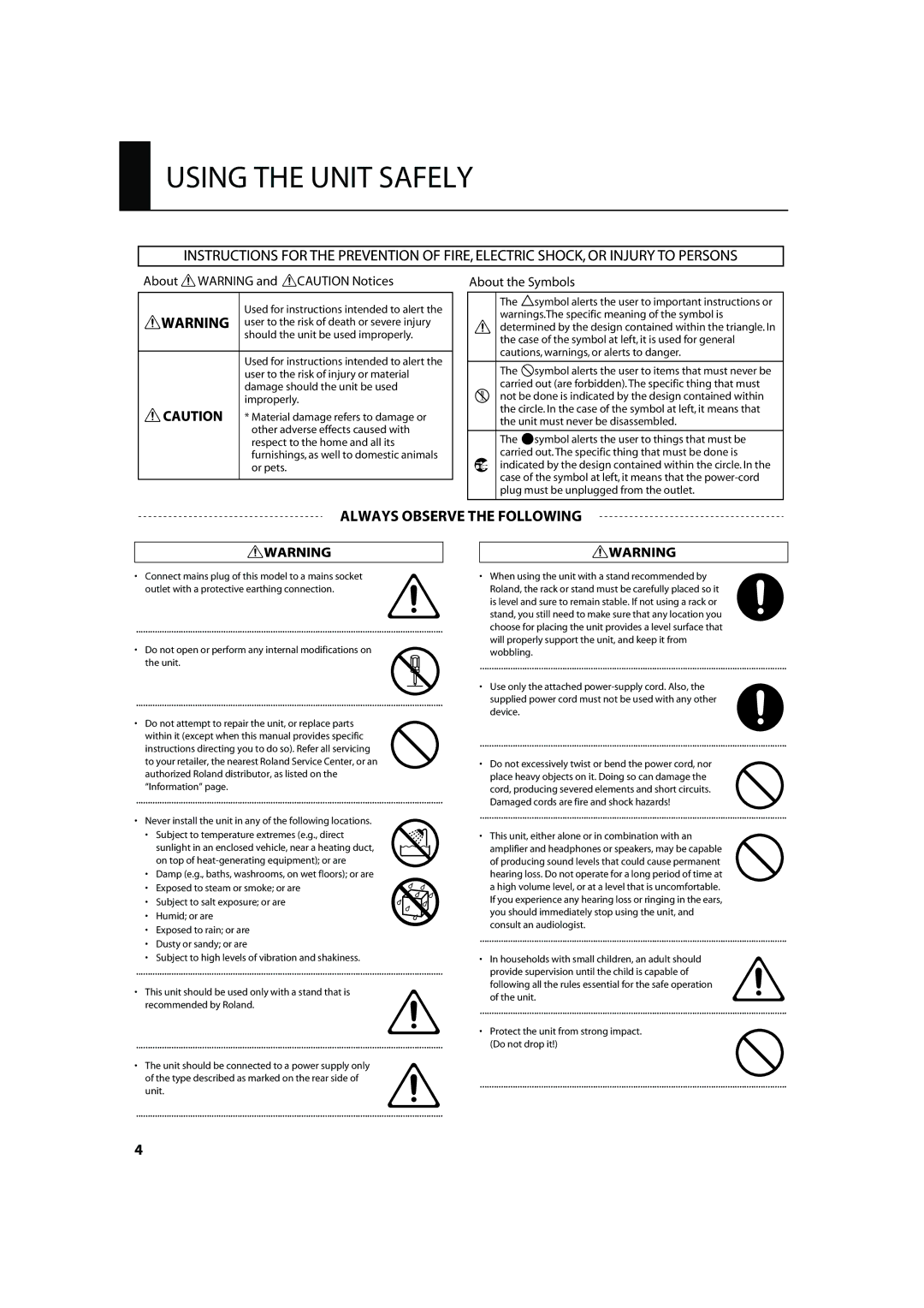 Roland VR-700 important safety instructions Using the Unit Safely 