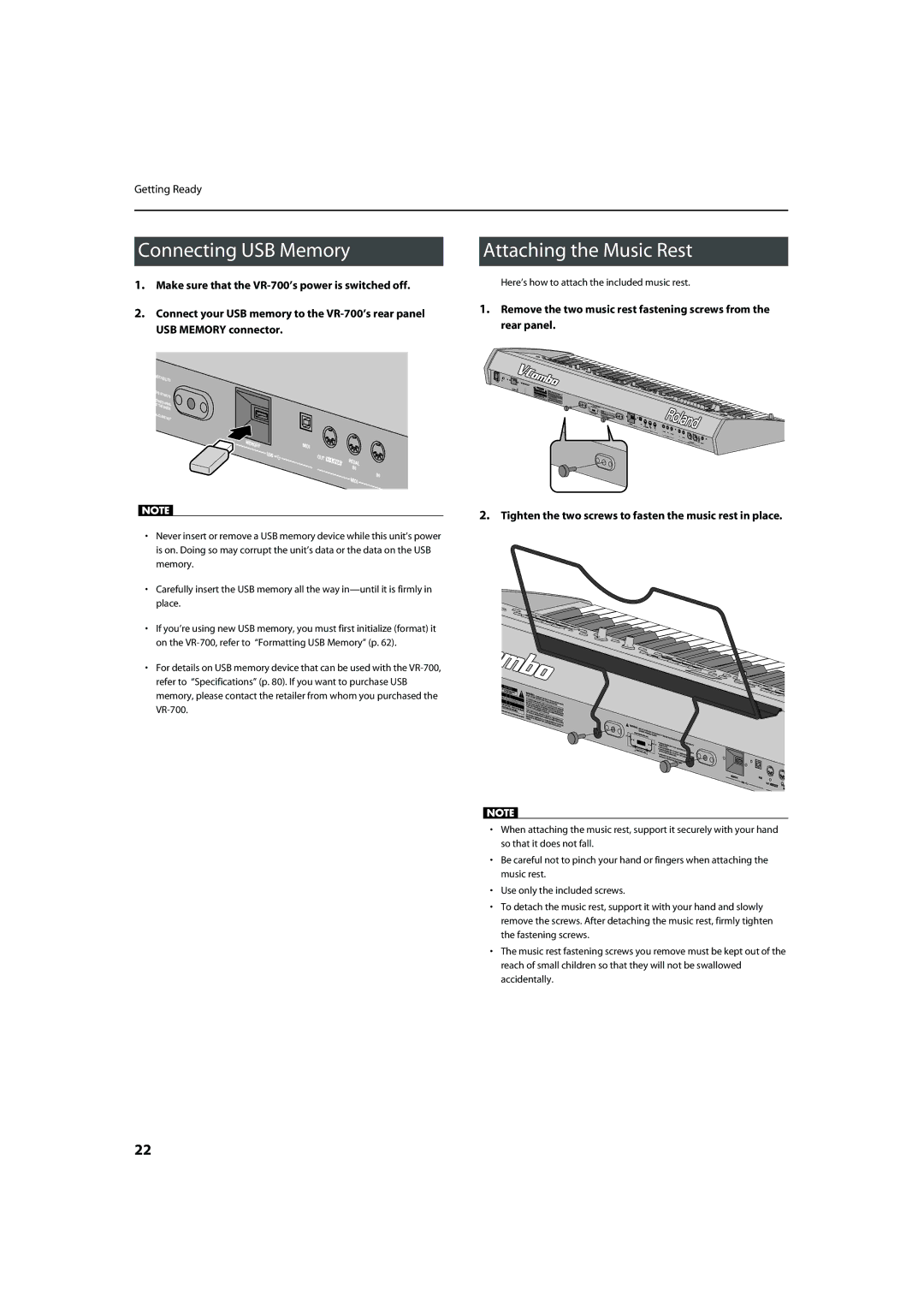 Roland VR-700 Connecting USB Memory, Attaching the Music Rest, Remove the two music rest fastening screws from Rear panel 