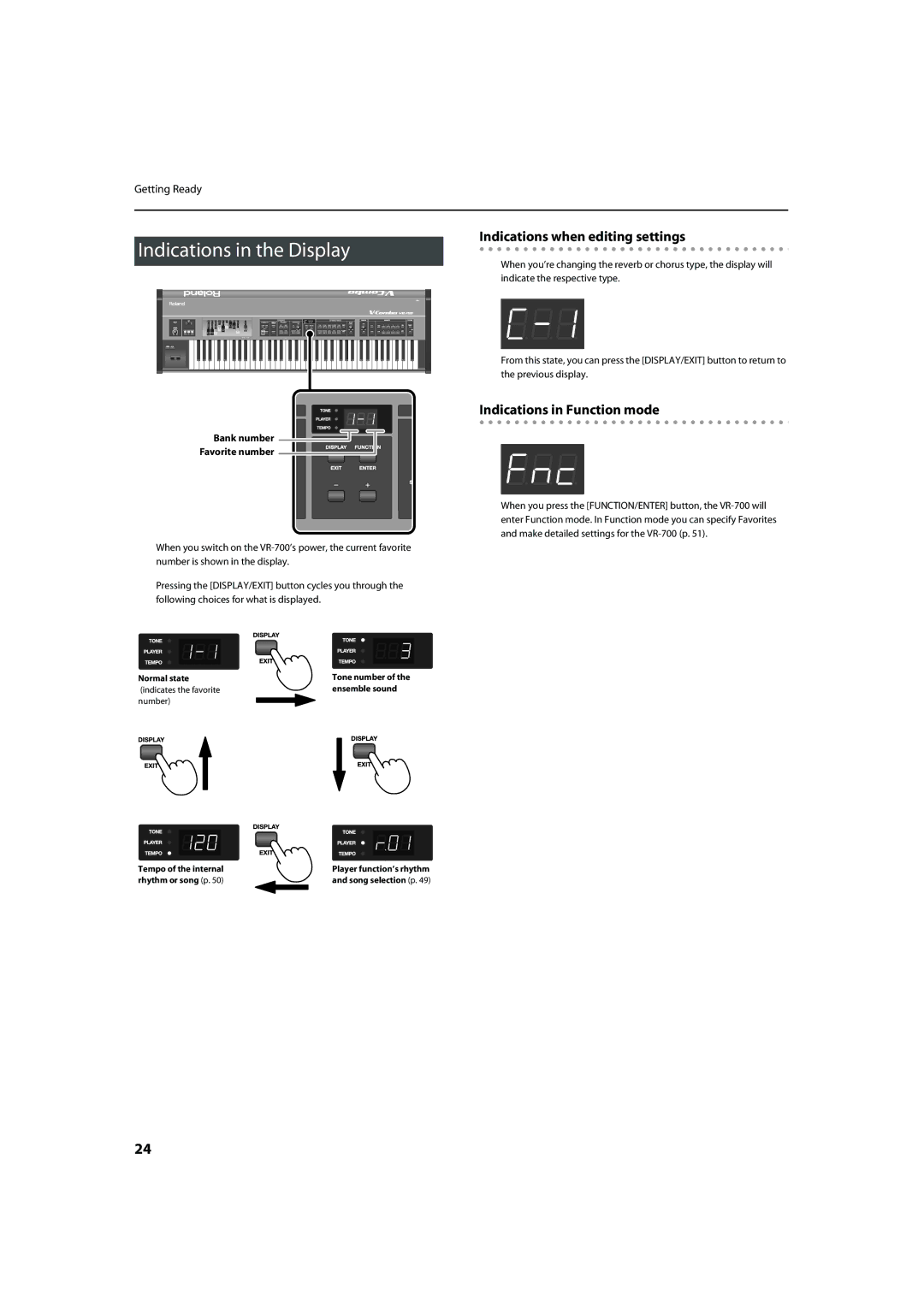 Roland VR-700 Indications in the Display, Indications when editing settings, Indications in Function mode 