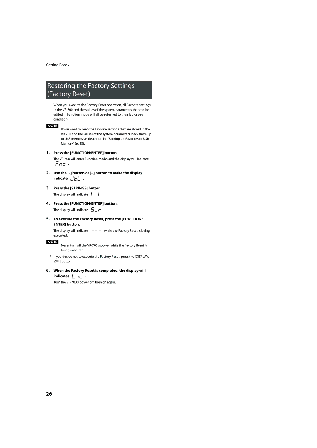 Roland VR-700 important safety instructions Restoring the Factory Settings Factory Reset, Press the FUNCTION/ENTER button 