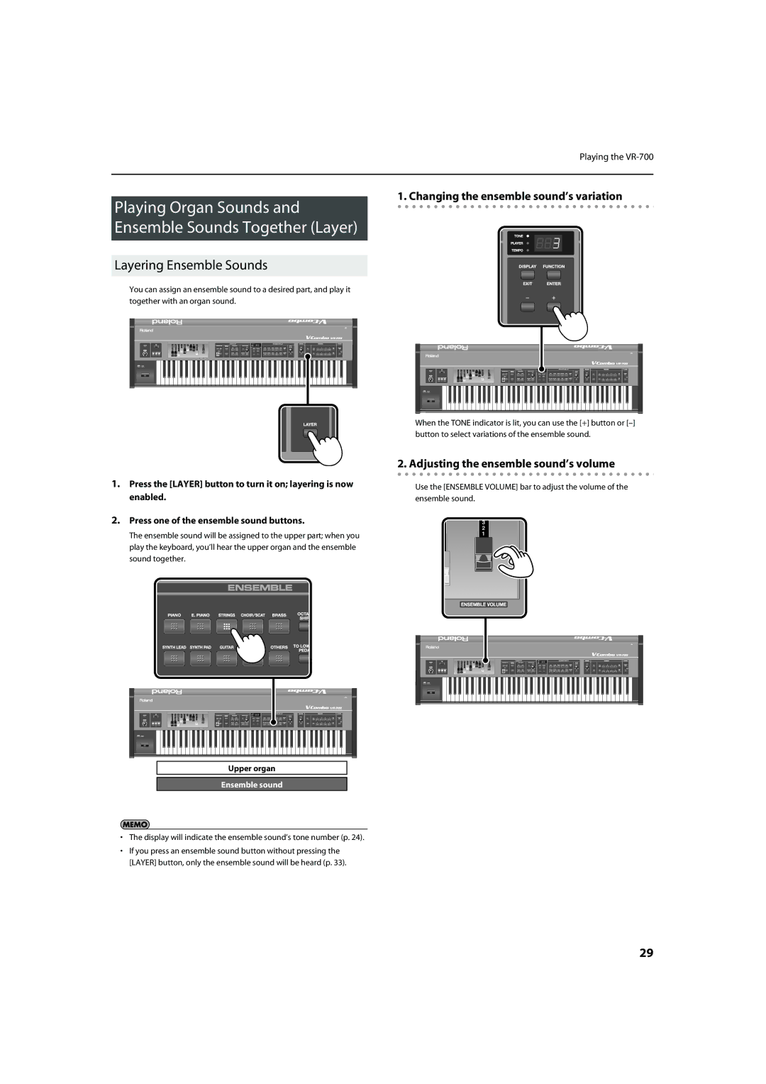 Roland VR-700 Layering Ensemble Sounds, Changing the ensemble sound’s variation, Adjusting the ensemble sound’s volume 