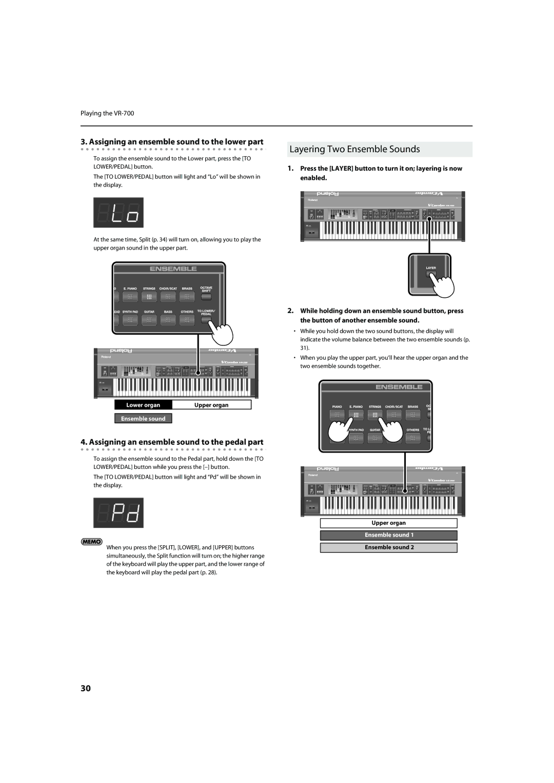 Roland VR-700 Layering Two Ensemble Sounds, Assigning an ensemble sound to the lower part, Ensemble sound 