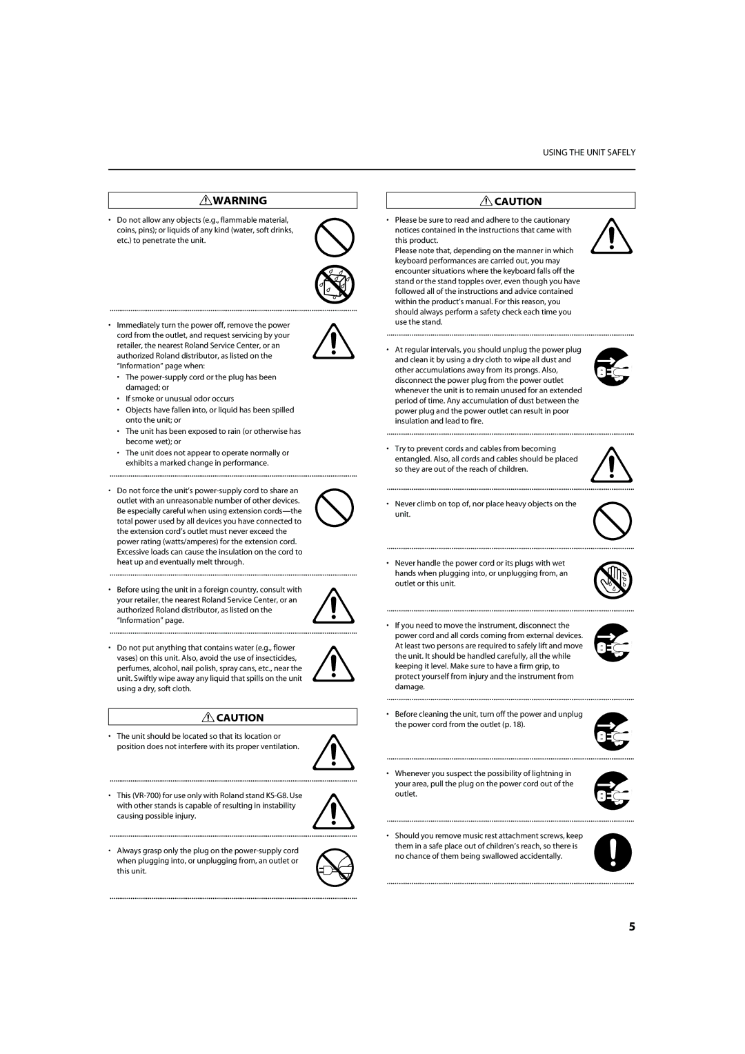 Roland VR-700 important safety instructions Using the Unit Safely 