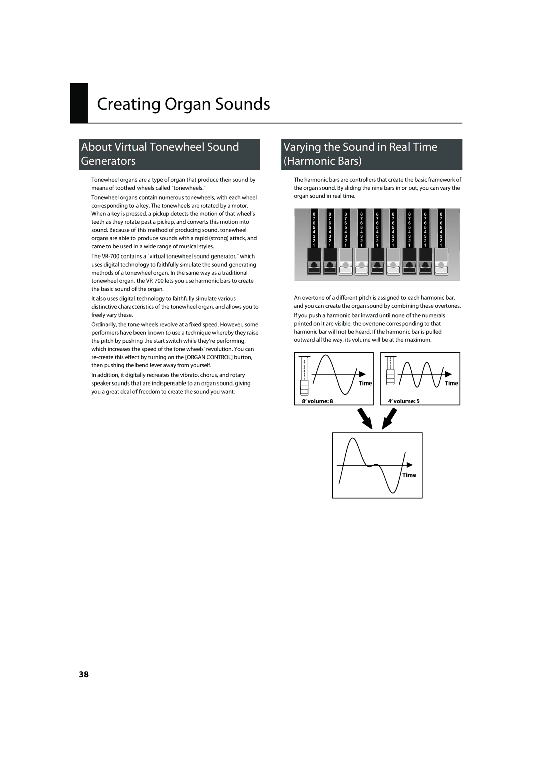 Roland VR-700 important safety instructions Creating Organ Sounds, About Virtual Tonewheel Sound Generators, Time, ’ volume 