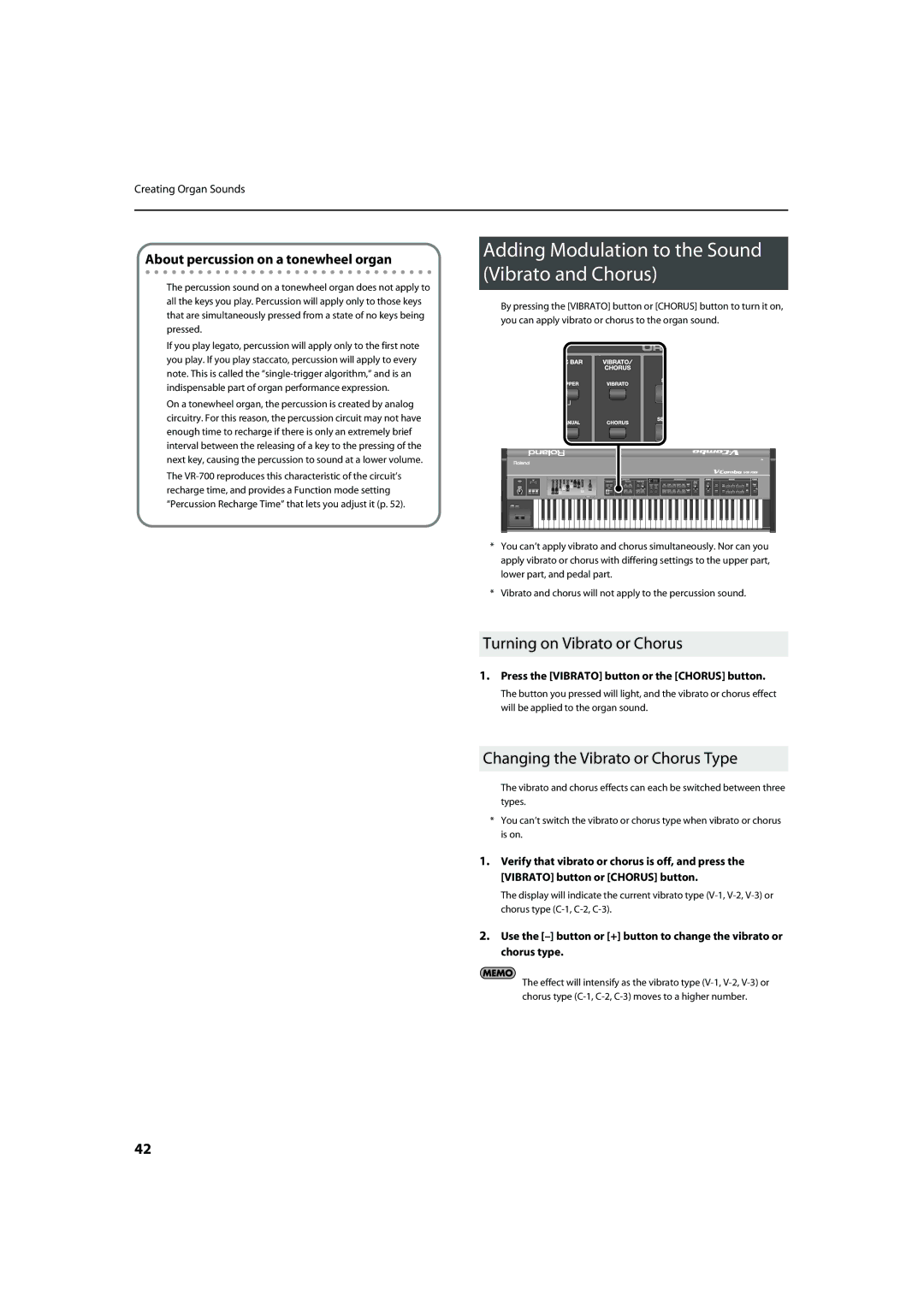 Roland VR-700 important safety instructions Adding Modulation to the Sound Vibrato and Chorus, Turning on Vibrato or Chorus 
