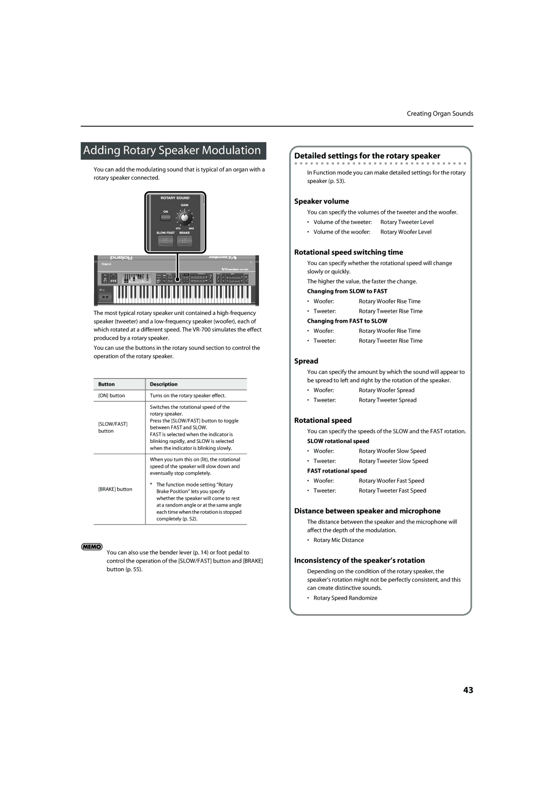 Roland VR-700 important safety instructions Adding Rotary Speaker Modulation, Detailed settings for the rotary speaker 