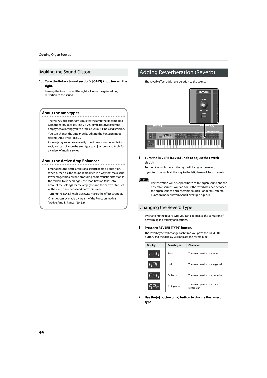 Roland VR-700 Adding Reverberation Reverb, Making the Sound Distort, Changing the Reverb Type, About the amp types 