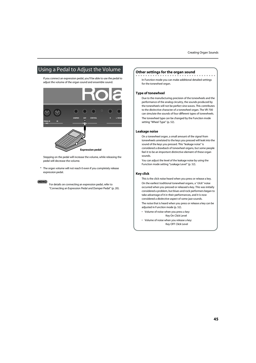 Roland VR-700 important safety instructions Using a Pedal to Adjust the Volume, Other settings for the organ sound 