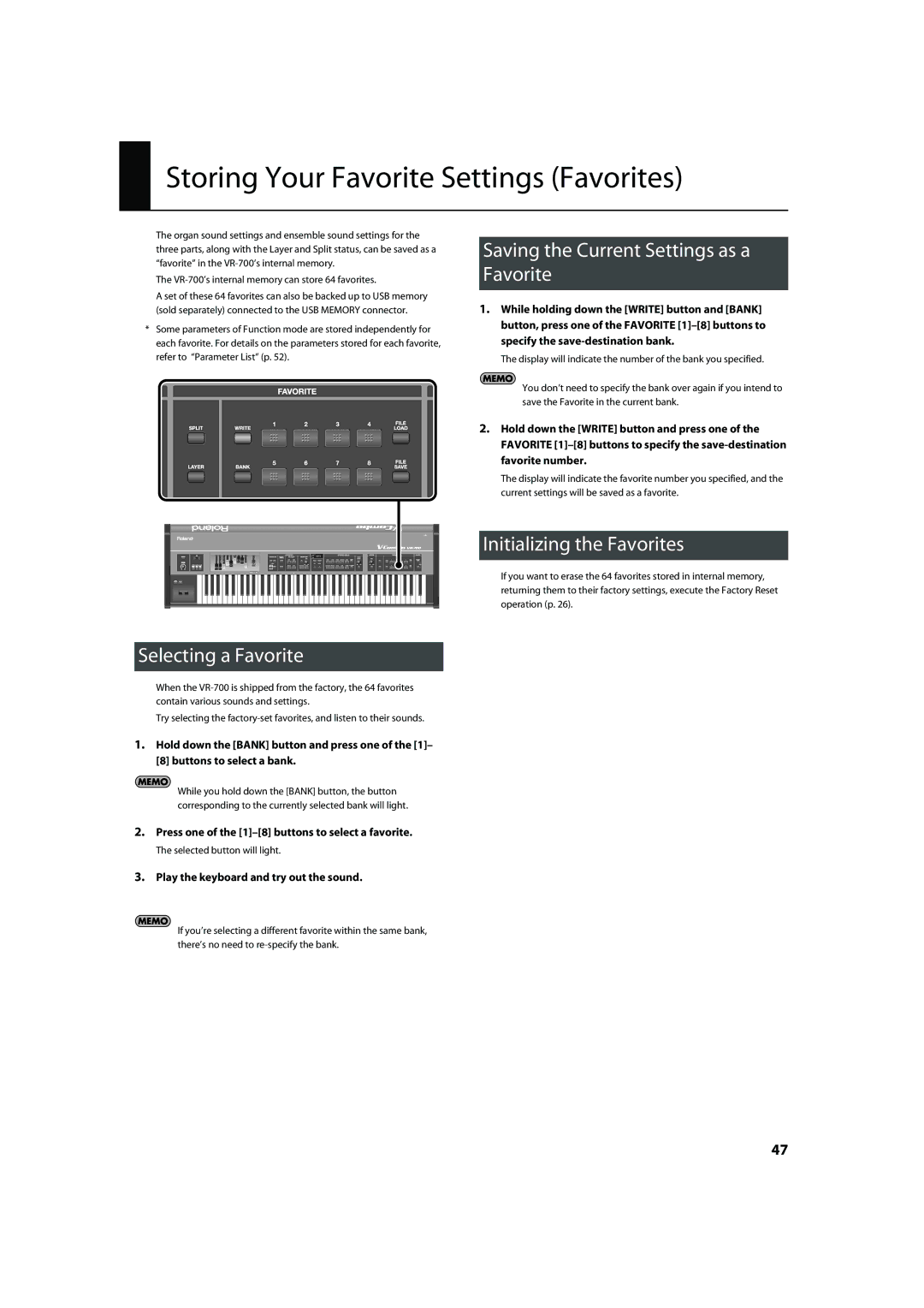 Roland VR-700 Storing Your Favorite Settings Favorites, Selecting a Favorite, Saving the Current Settings as a Favorite 