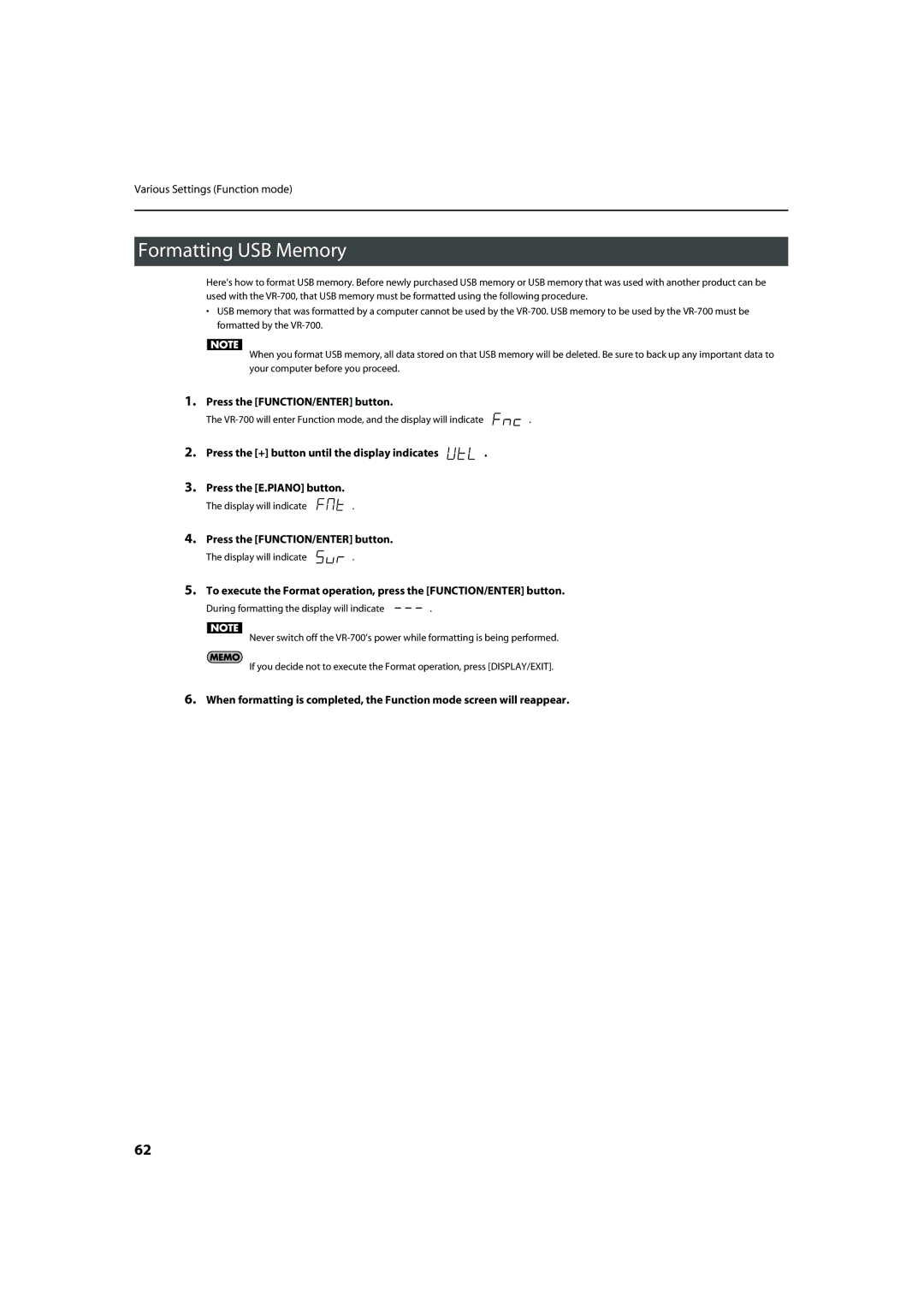 Roland VR-700 important safety instructions Formatting USB Memory 