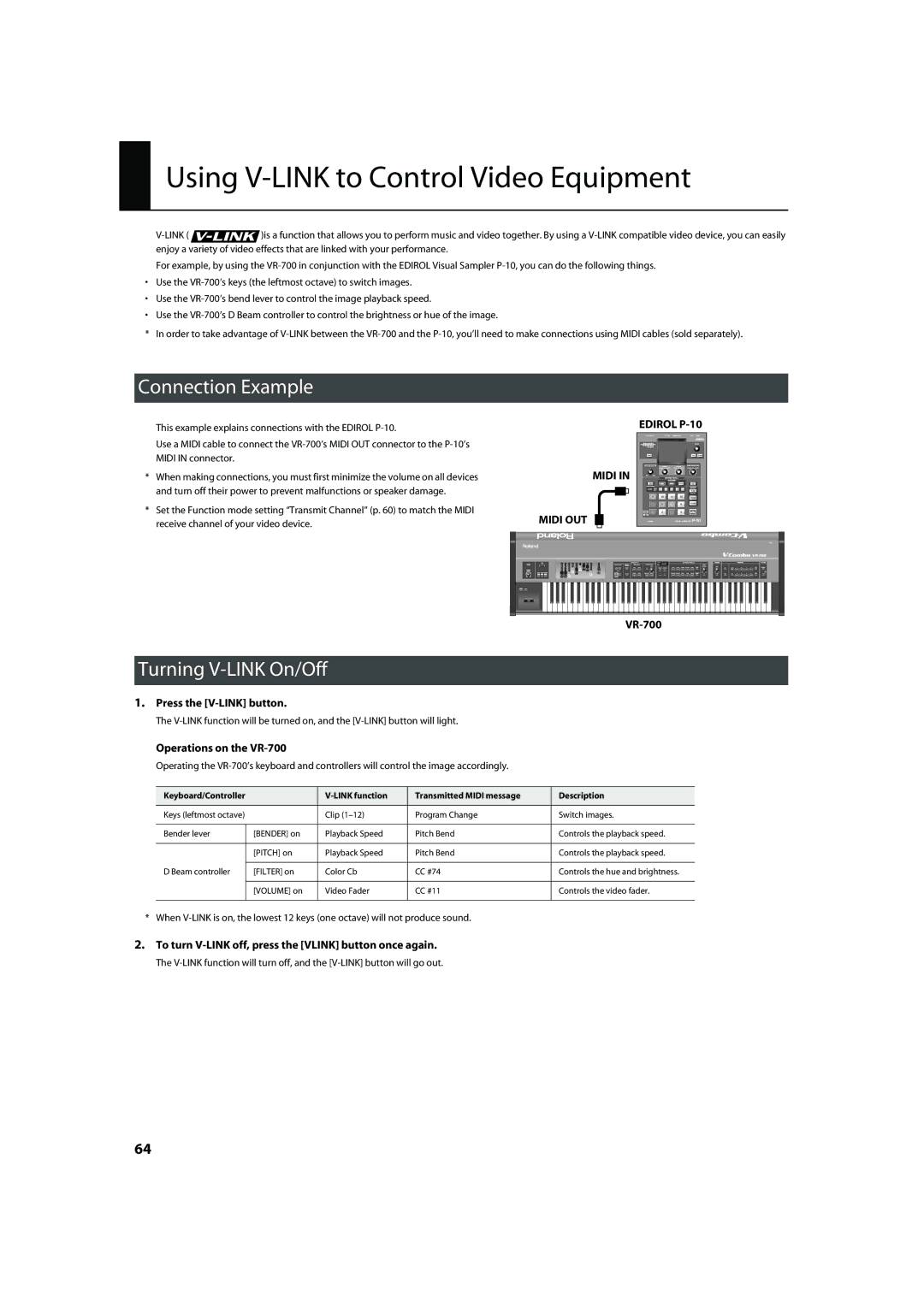 Roland VR-700 Using V-LINK to Control Video Equipment, Connection Example, Turning V-LINK On/Off 