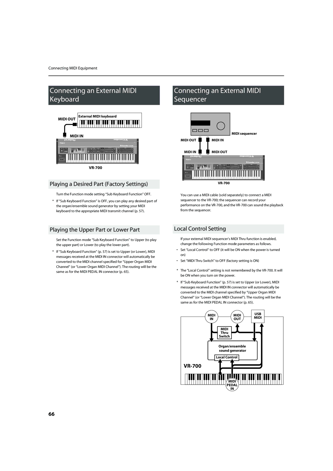 Roland VR-700 Playing a Desired Part Factory Settings, Playing the Upper Part or Lower Part, Local Control Setting 