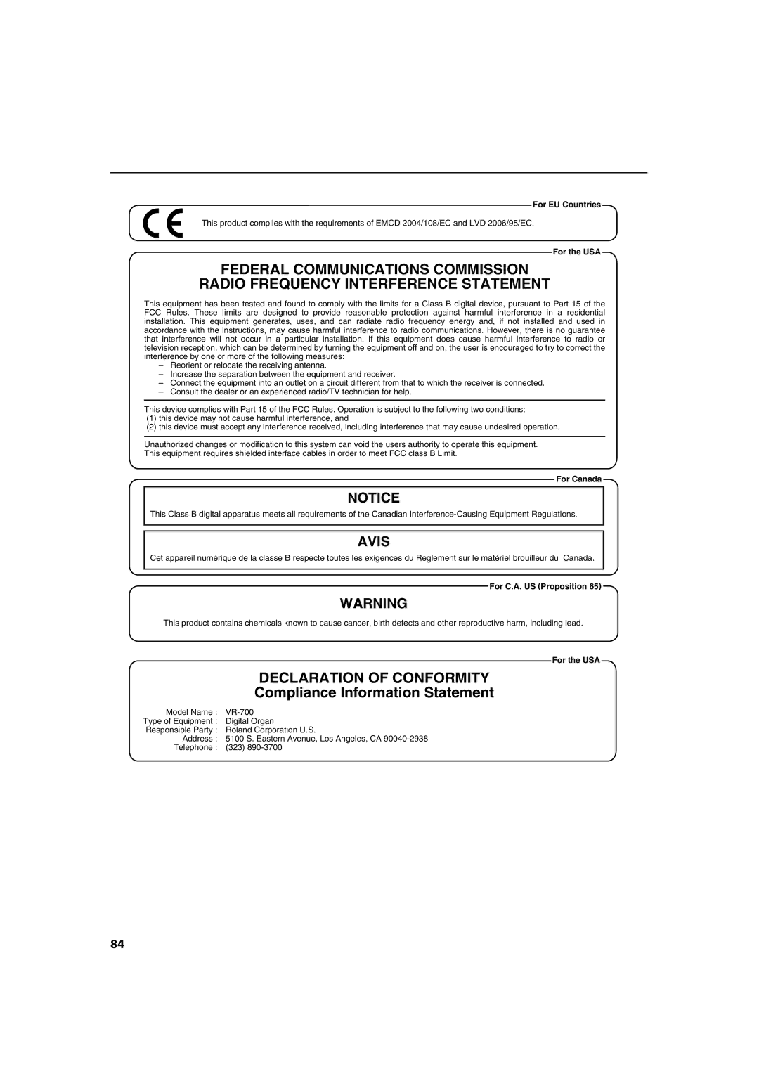 Roland VR-700 important safety instructions Avis 