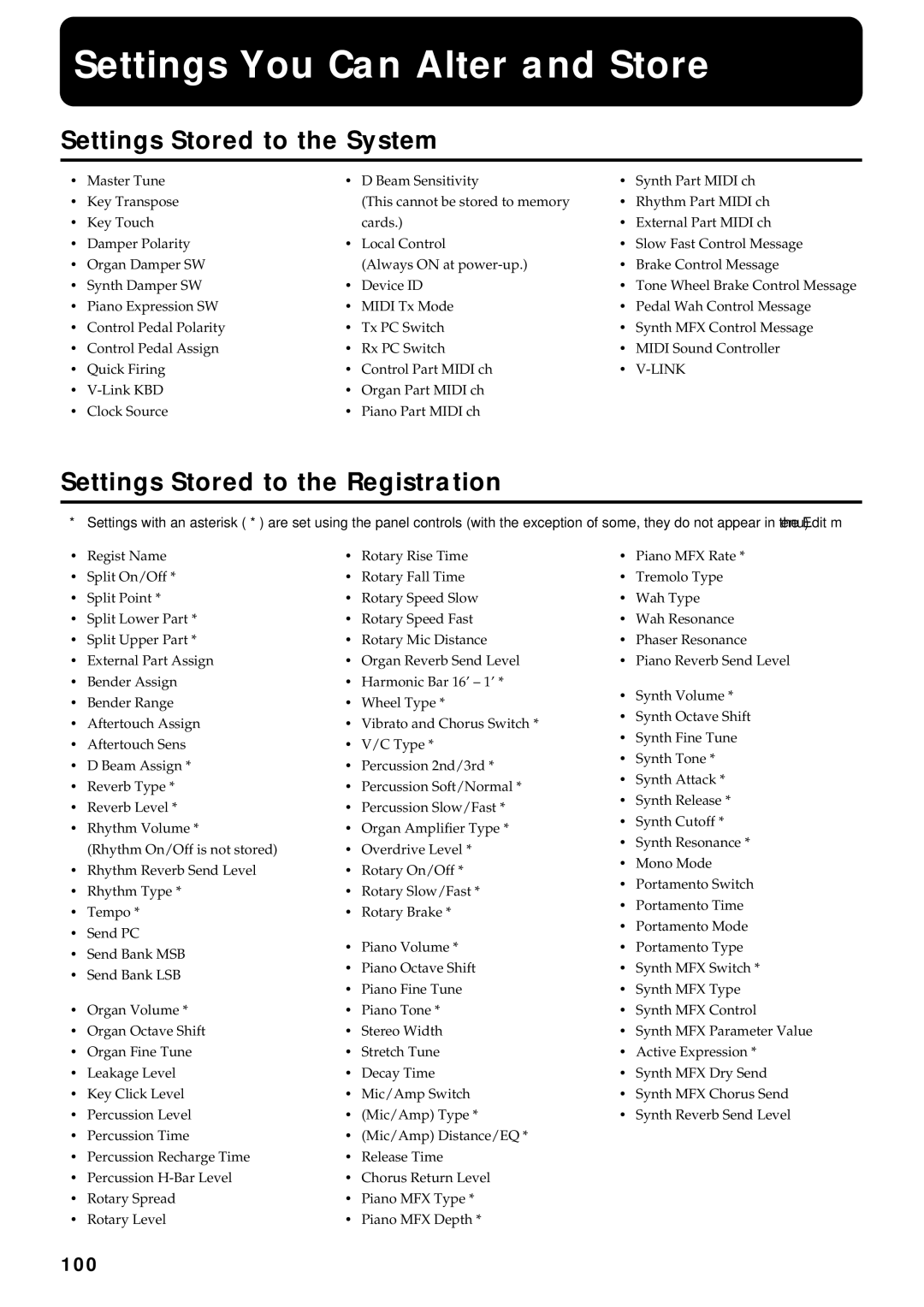 Roland VR-760 Settings You Can Alter and Store, Settings Stored to the System, Settings Stored to the Registration, 100 