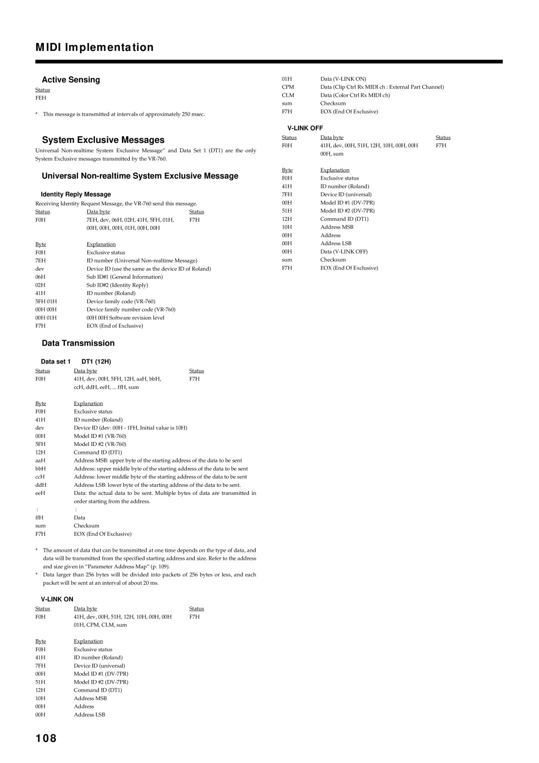 Roland VR-760 108, System Exclusive Messages, Universal Non-realtime System Exclusive Message, Identity Reply Message 