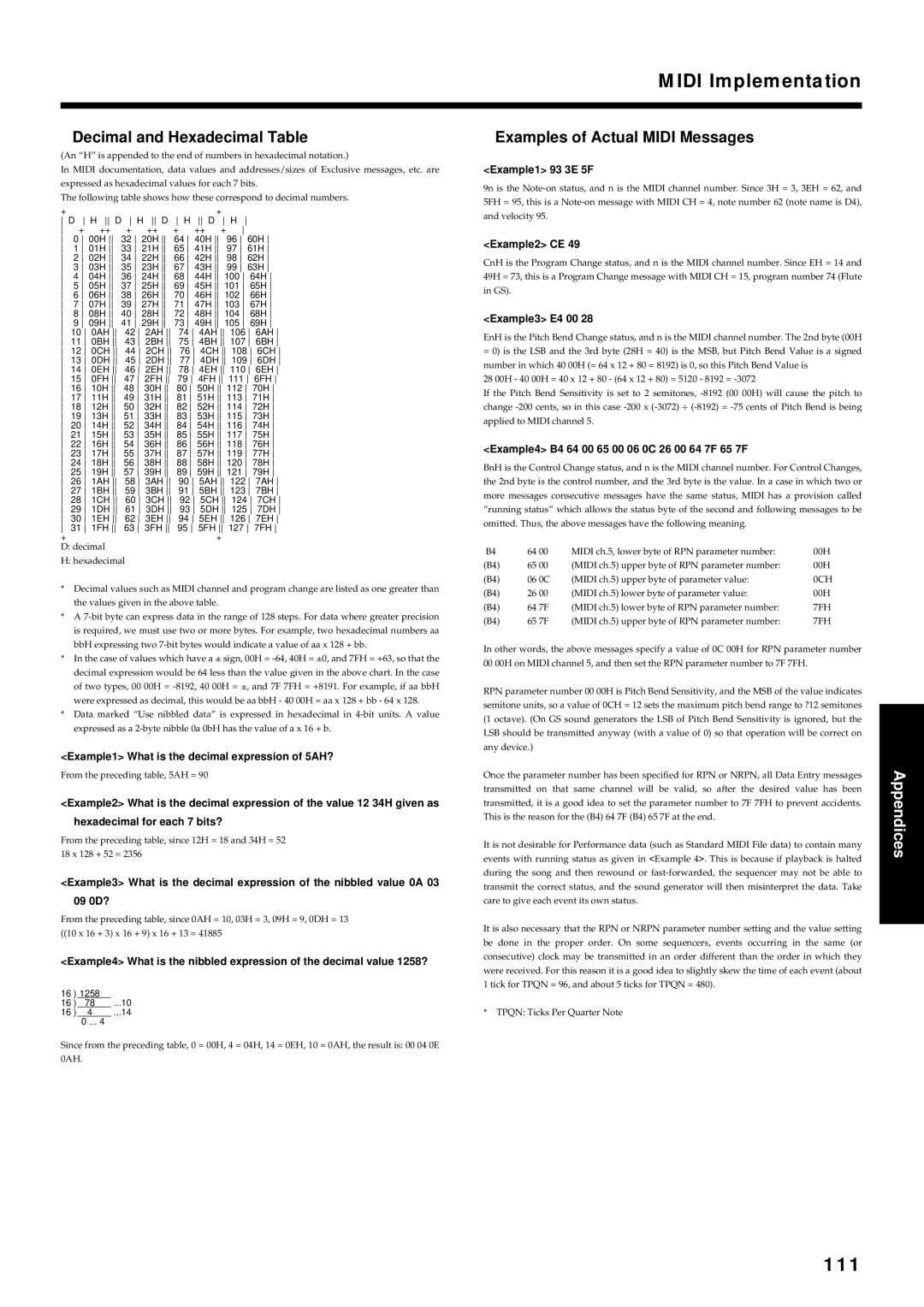 Roland VR-760 owner manual 111, Decimal and Hexadecimal Table, Examples of Actual Midi Messages 