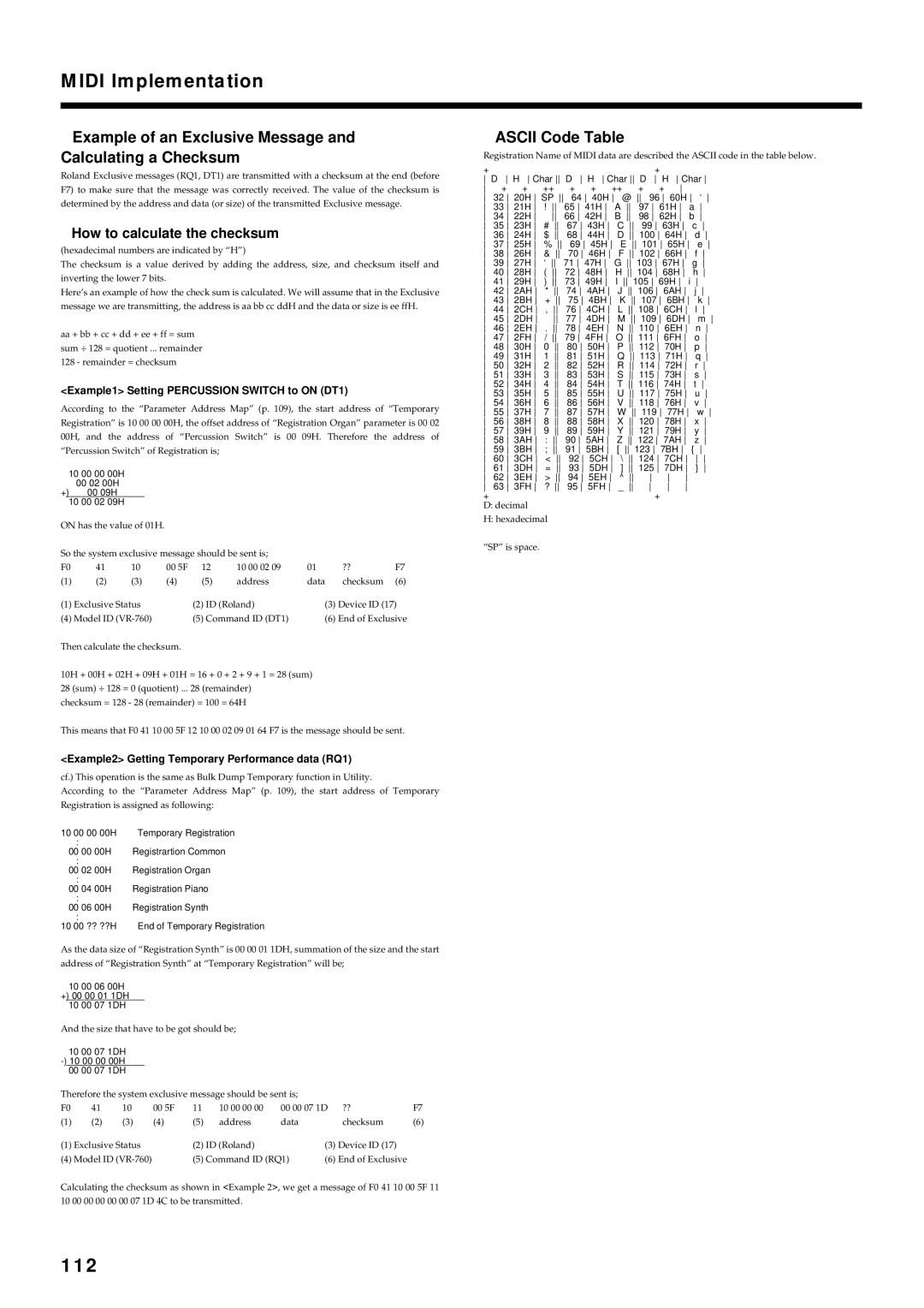 Roland VR-760 112, Example of an Exclusive Message Calculating a Checksum, Ascii Code Table, How to calculate the checksum 