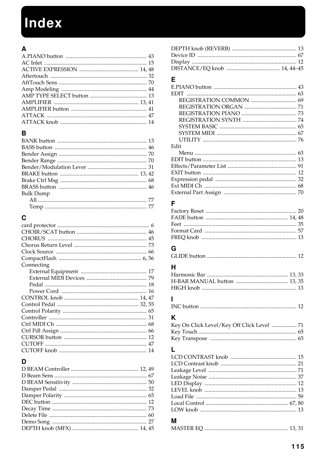 Roland VR-760 owner manual Index, 115 