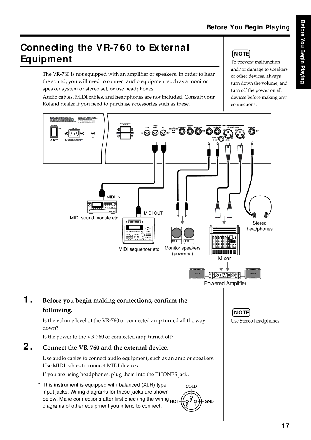 Roland owner manual Connecting the VR-760 to External Equipment, Before You Begin Playing 