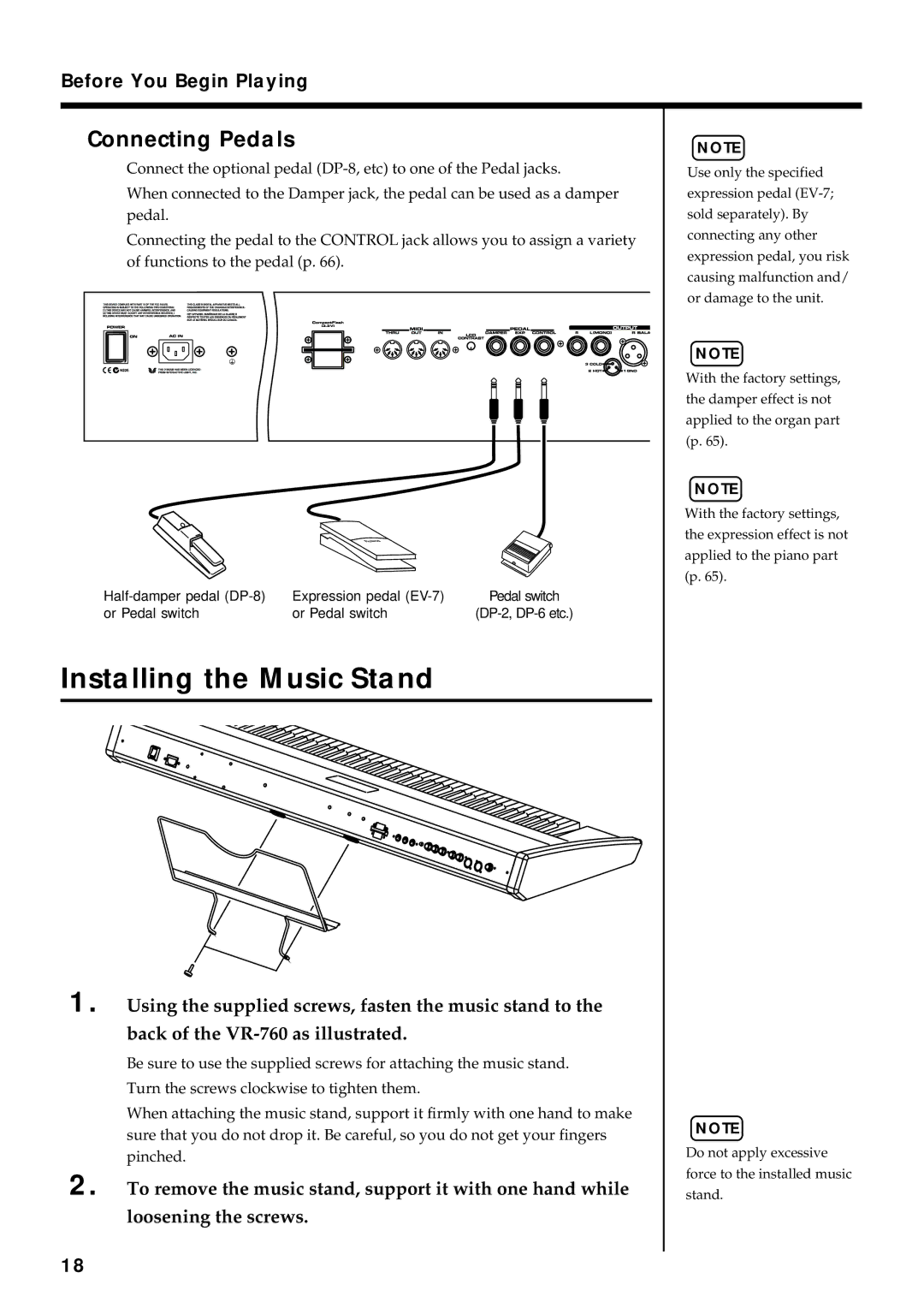 Roland VR-760 owner manual Installing the Music Stand, Connecting Pedals 