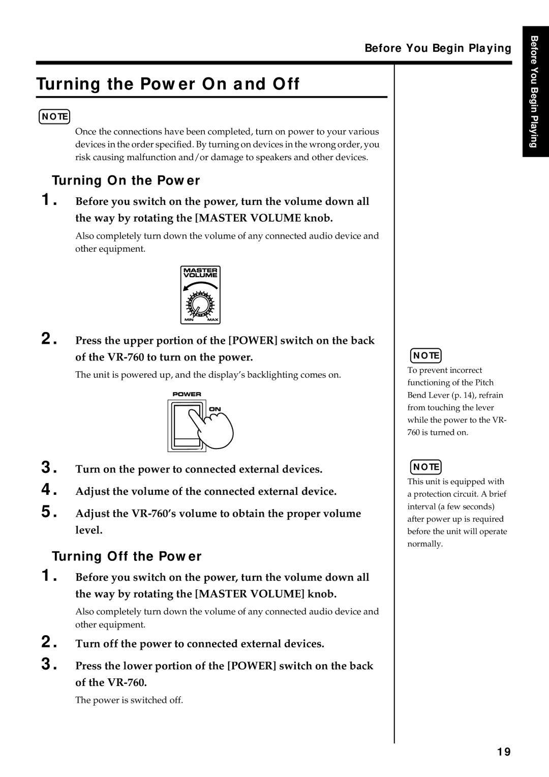 Roland VR-760 owner manual Turning the Power On and Off, Turning On the Power, Turning Off the Power, Power is switched off 