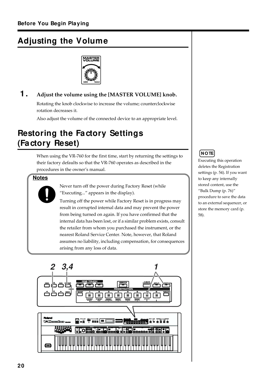 Roland VR-760 owner manual Adjusting the Volume, Restoring the Factory Settings Factory Reset 