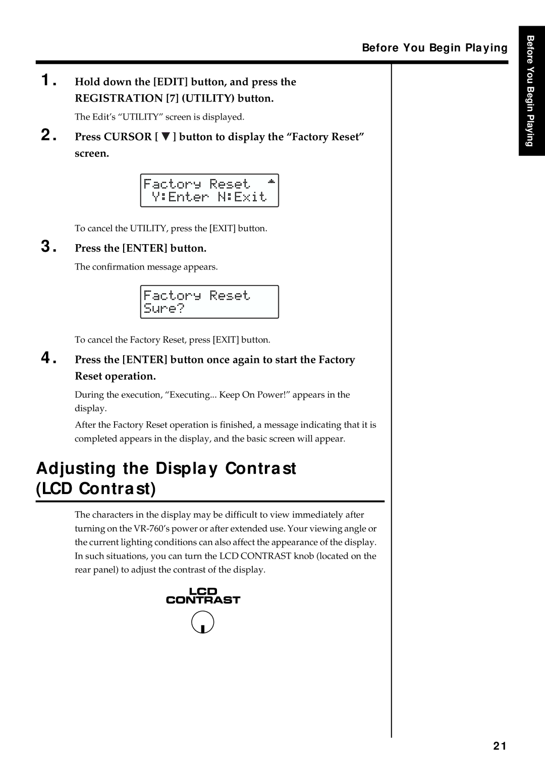 Roland VR-760 Adjusting the Display Contrast LCD Contrast, Press Cursor button to display the Factory Reset screen 